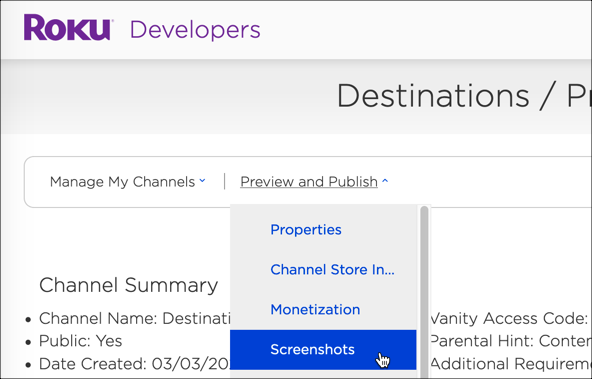 Dropdown-Menü „Screenshots“