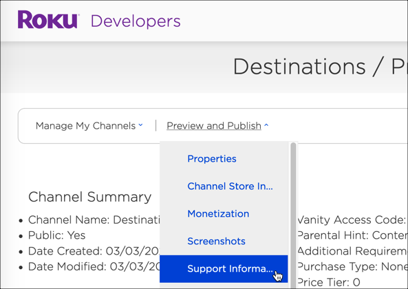 Dropdown-Menü „Supportinformationen“